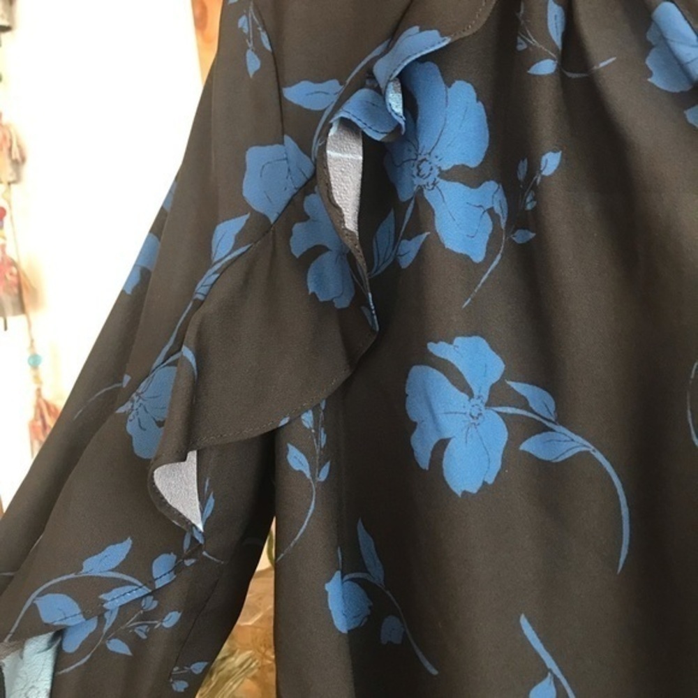 Parker Black Blue Floral Print Ruffle Long Sleeve Blouse Small - Picture 5 of 14